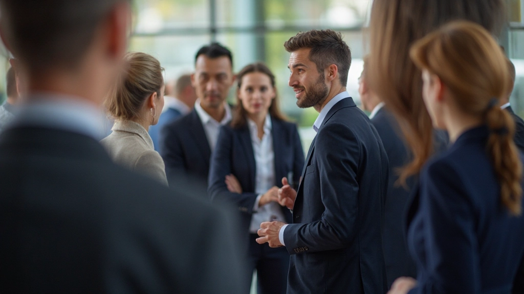 Diverse professionals op een zakelijk netwerkevenement, staand in groepen en pratend, professioneel gekleed, natuurlijke verlichting