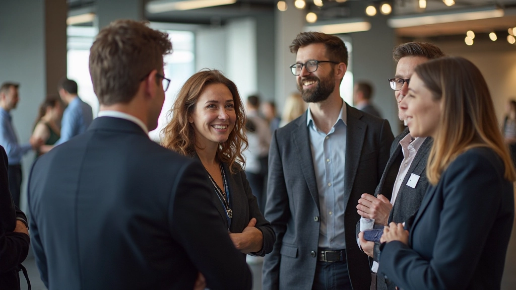Diverse groep professionals in casual gesprek op zakenconferentie, staande in open ruimte