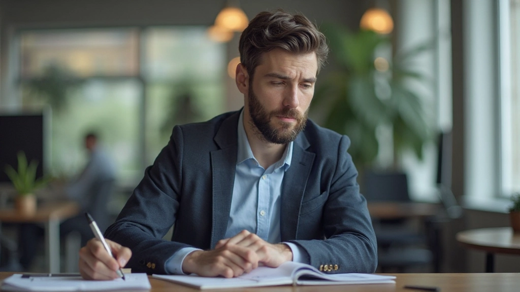Professional man in kantoor kijkend naar notities over vervolgcontacten met netwerk
