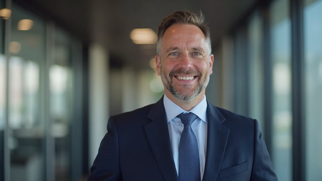 Man van 42 jaar in professioneel pak, staand in modern kantoor, vriendelijke uitdrukking, portrait van bovenborstig niveau