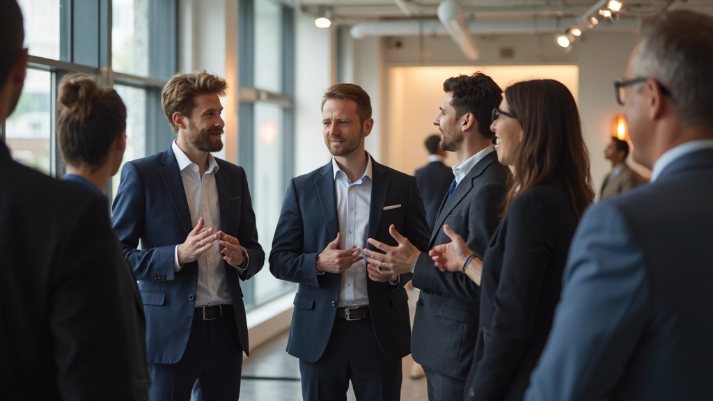 Professionele netwerking evenement in een moderne zakenomgeving met zakelijke professionals die zich verbinden
