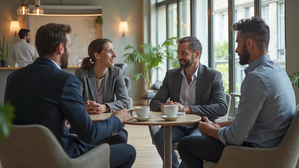 Professionals in modern office environment networking over coffee