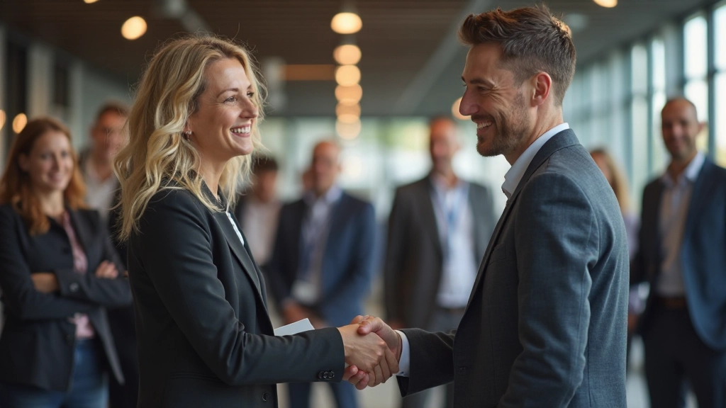 Twee professionals geven elkaar een hand op een netwerkevenement in een modern kantoor