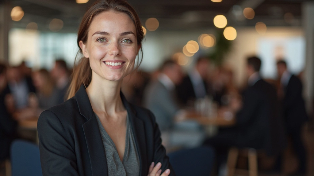 Vrouw met aandachtige gezichtsuitdrukking die luistert naar iemand op een netwerkgesprek, zittend in ontspannen houding