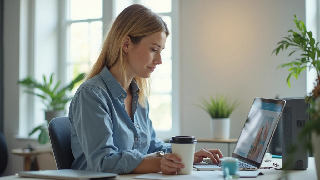 Professional woman working at laptop with coffee, LinkedIn profiel zichtbaar op scherm