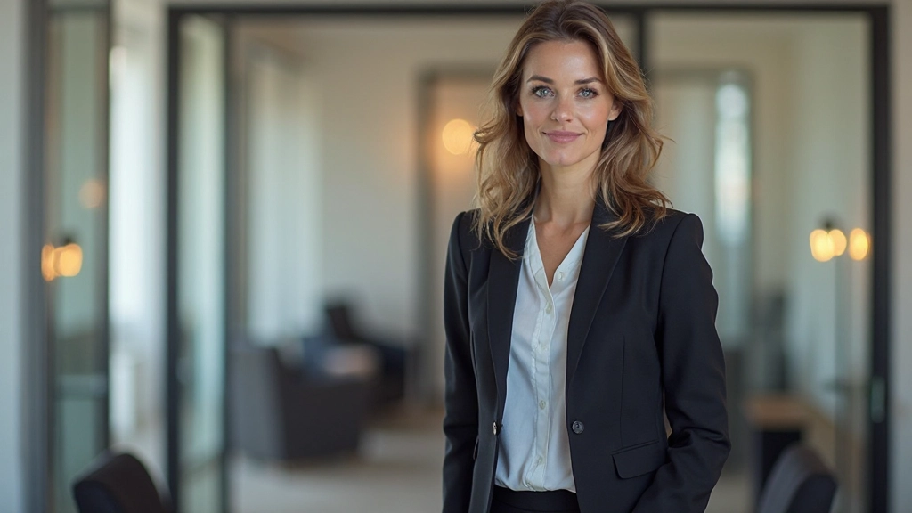 Professionele vrouw van 35 jaar in zakelijke kleding, zelfverzekerd staand in een moderne werkruimte met zachte verlichting